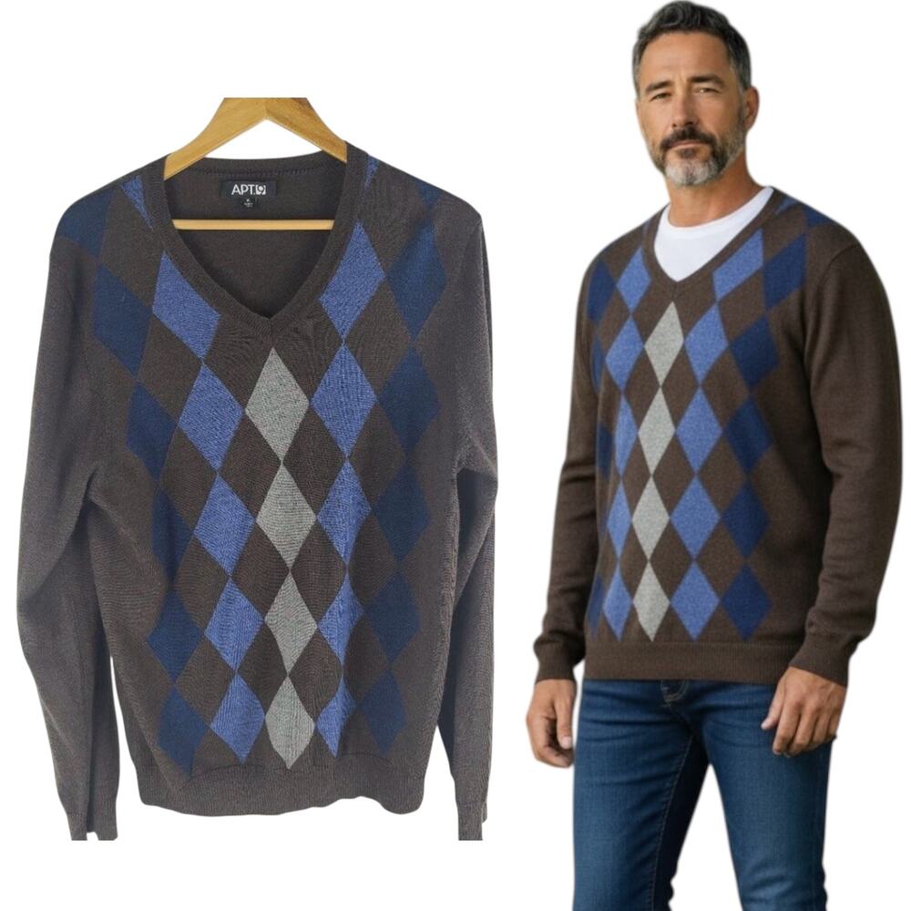 Apt 9 Merino Wool Blend Argyle V Neck Sweater Brown Size XL